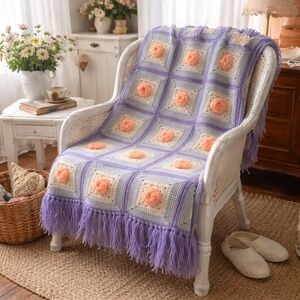Handmade Vintage Crochet Afghan | 3D Flower Granny Squares | Purple Fringe Throw